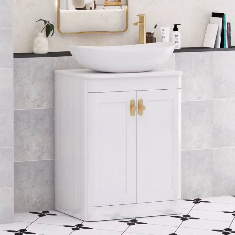 Royal Bathrooms Henley 600mm Gloss White Floor Standing 2 Door Vanity Unit with Cesar Basin and Brushed Brass Knob