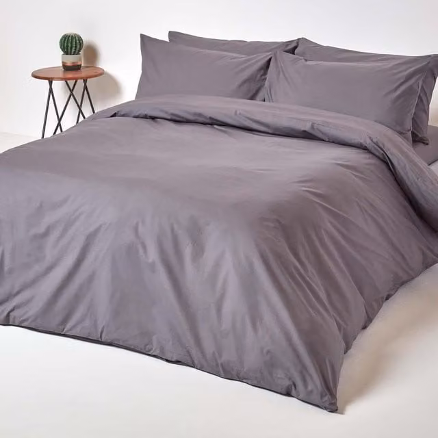 Homescapes Grey Combed Cotton Percale Duvet Cover and Pillowcase Set, W: 180 cm x D: 200 cm