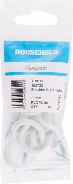 Hiatt White Shouldered Cup Screw Hooks, 38mm
