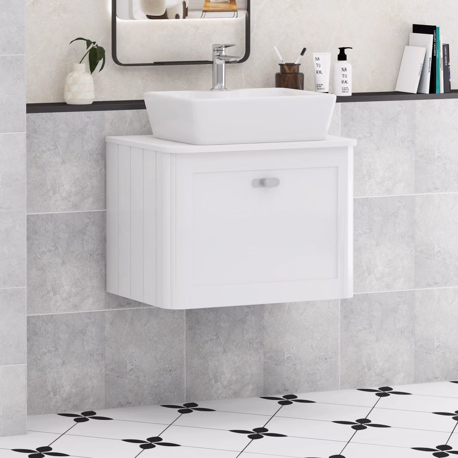 Royal Bathrooms Henley 600mm Gloss White Wall Hung Vanity Unit with Cube Basin and Plain White Worktop