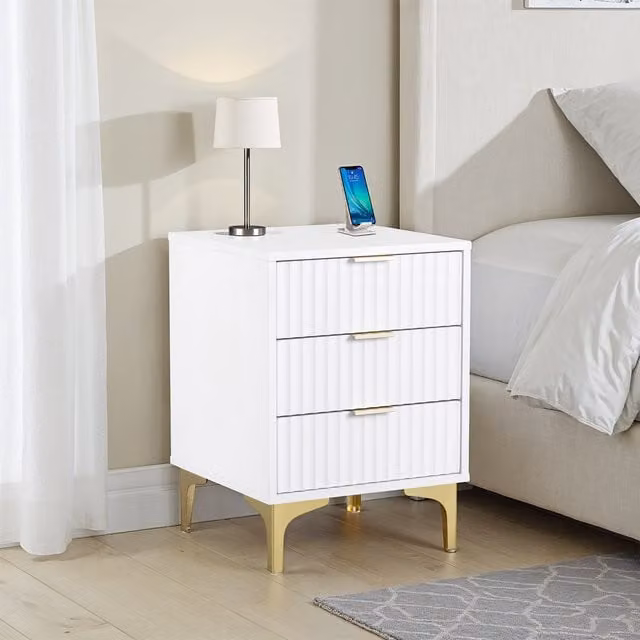 Seconique Miami 3 Drawer Bedside Table in White and Gold