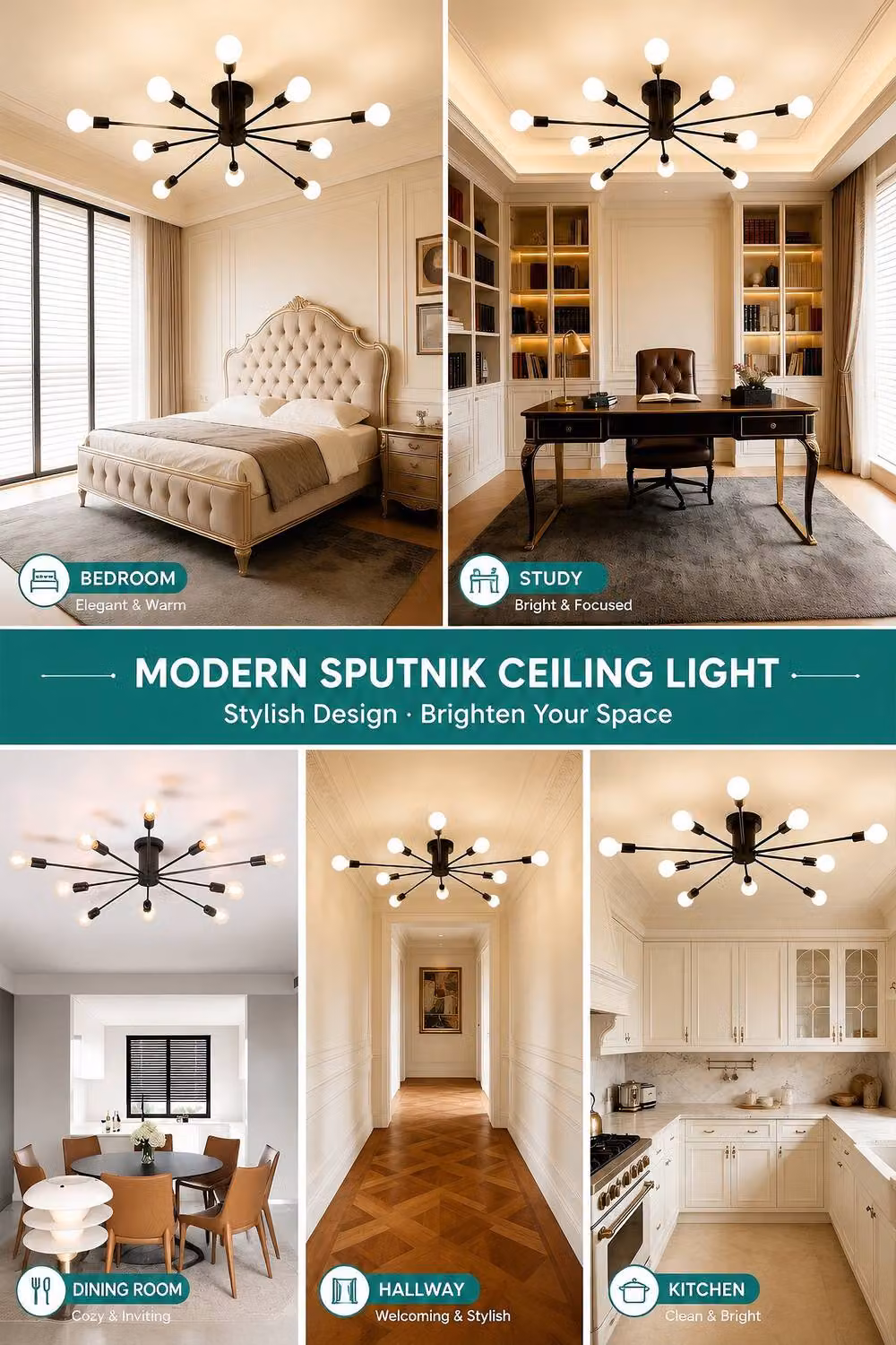 INMTFEI 10-Light Black Sputnik Ceiling Light, Industrial Modern Metal Fixture with E26 Base – 4