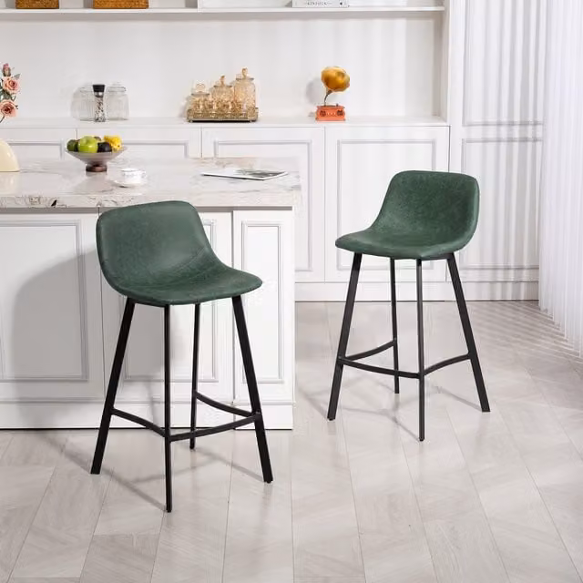HOMCOM Set of 2 Green PU Leather Bar Stools with Back and Footrest
