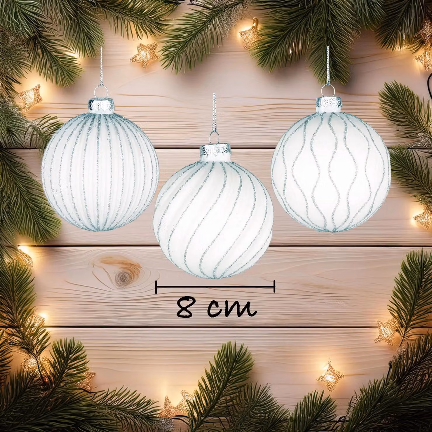 Shatchi 12-Piece Set of White and Silver Glass Christmas Baubles with Abstract and Geometric Designs, Diameter: 8 cm – 8