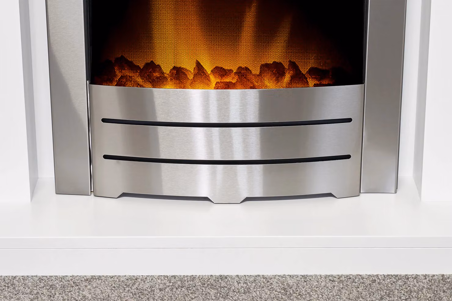 Adam Fires & Fireplaces Lomond Fireplace in Pure White with Colorado Electric Fire in Brushed Steel and Grey Finish – 3