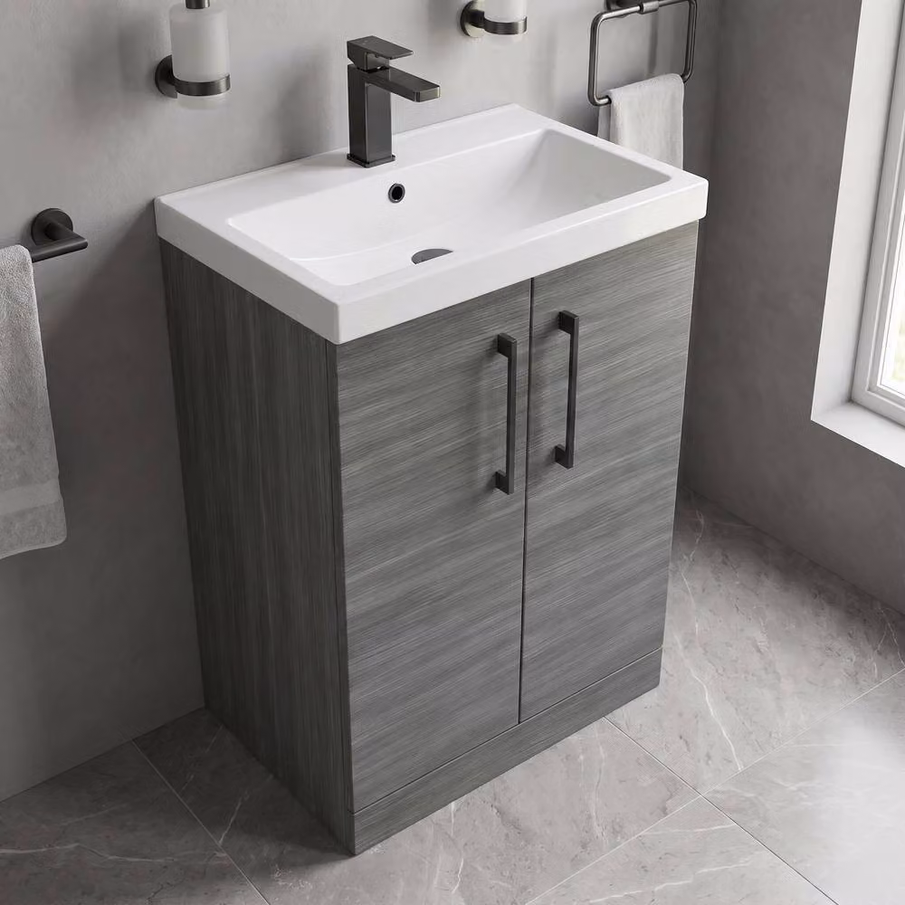 Balterley Anthracite Woodgrain 2-Door Bathroom Floor Vanity Unit with Basin, Grey, Width: 60 cm – 2