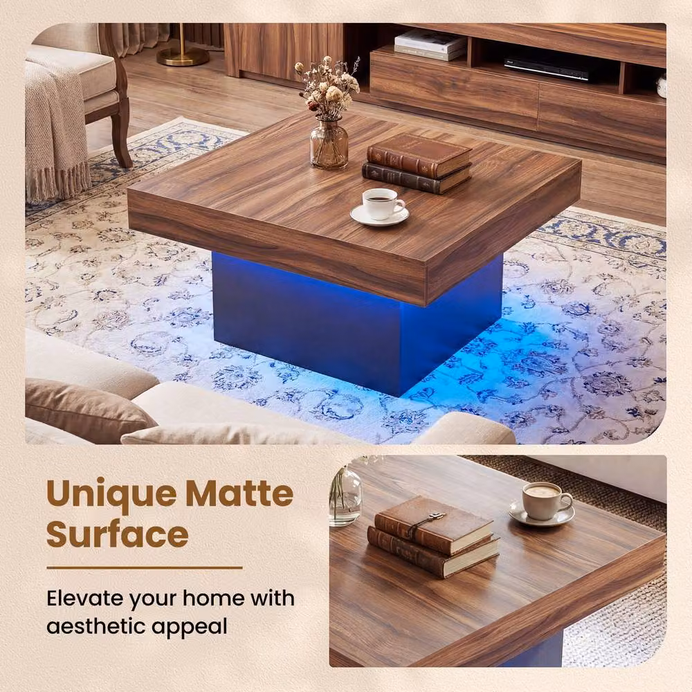 Gymax Square LED Coffee Table with Remote and 21 Dynamic Modes in Brown Wood Finish – 6
