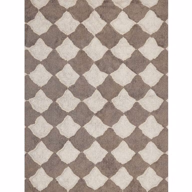 Wyld and Coco Hand-Tufted Cotton Geometric Rug in Brown and Beige with Fringes, W: 140 cm, L: 200 cm
