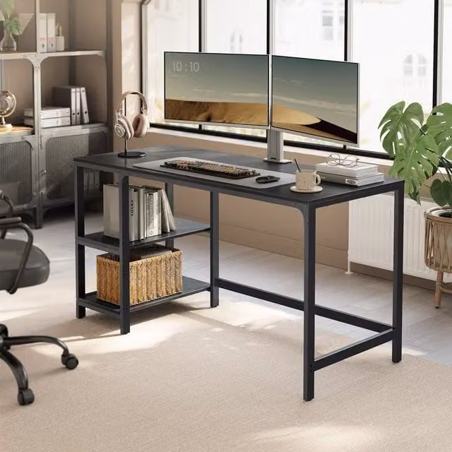 VASAGLE Modern Black Computer Desk with 2 Shelves, W/D/H: 140 x 60 x 76 cm
