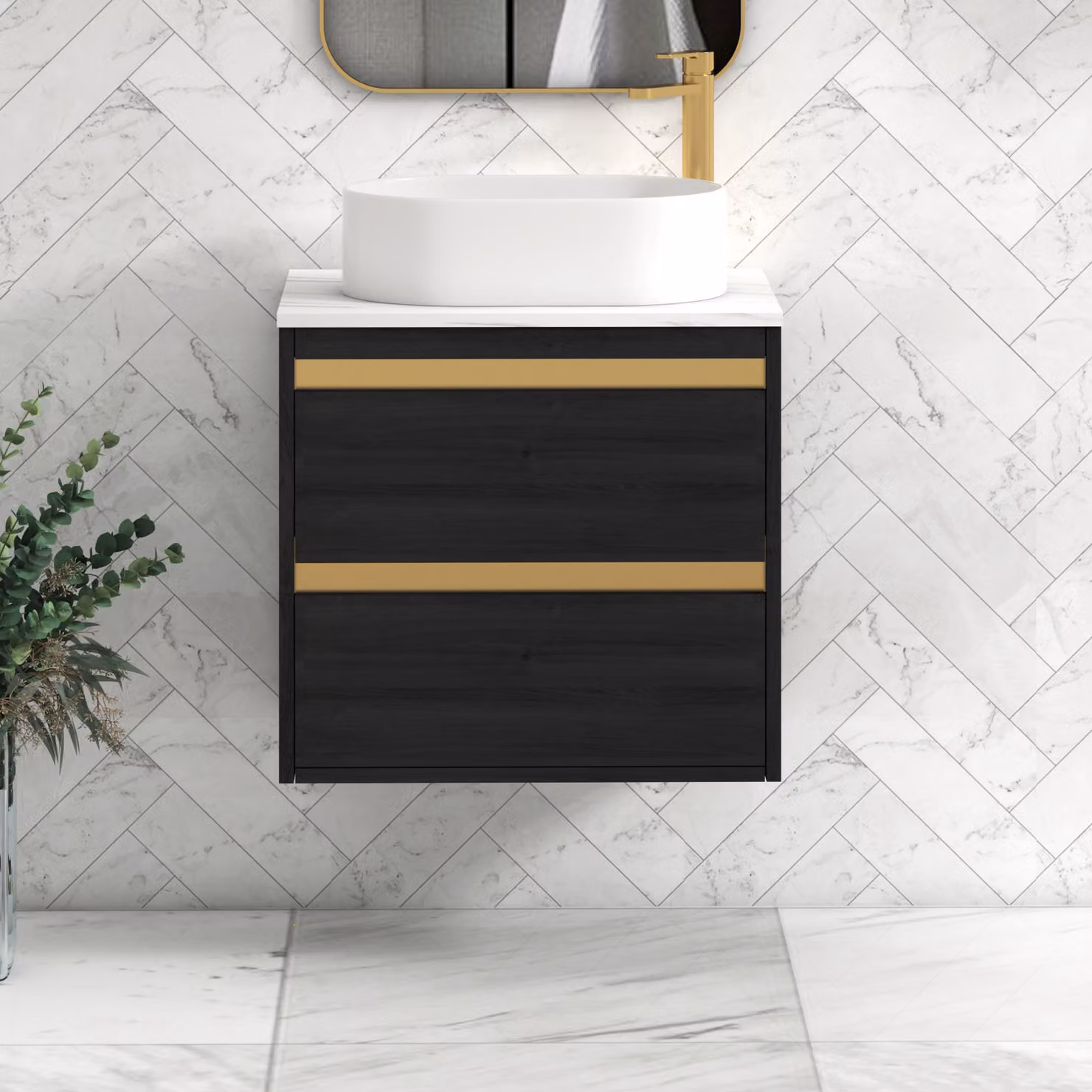 Royal Bathrooms Orion Hale Wall Hung Vanity Unit with Peak Basin, Black and Carrara White, 2 Drawers with Brushed Brass Accent Trim, W: 60 cm