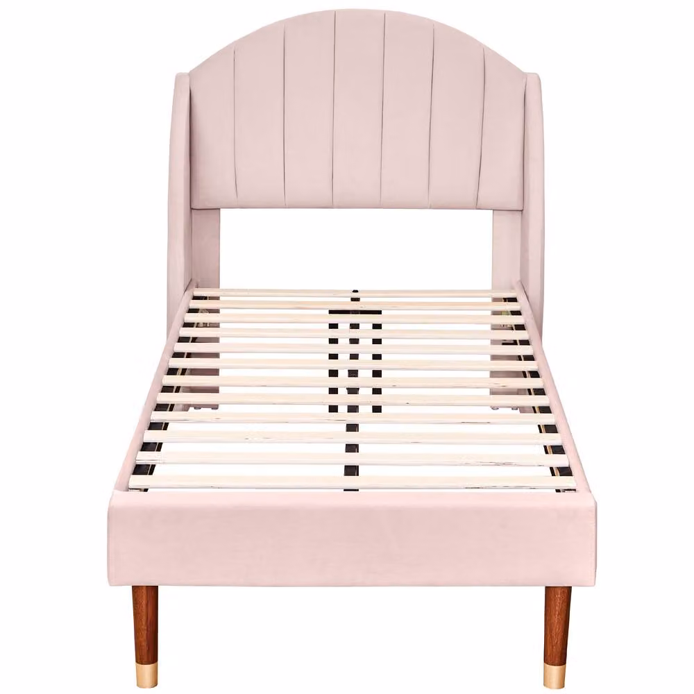 BTM Pink Velvet Single Upholstered Bed with Headboard W/D/H: 90 x 190 x 108 cm – 3