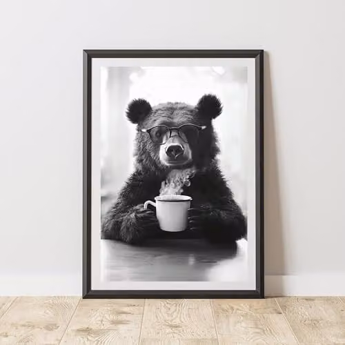60 Second Makeover Funny Bear Drinking Coffee Illustration Paper Poster, A4, Multicolour