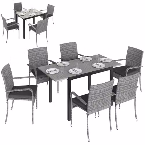Outsunny 7 Piece Extendable Rattan Garden Furniture Set in Light Grey with Acacia Wood Table – 4