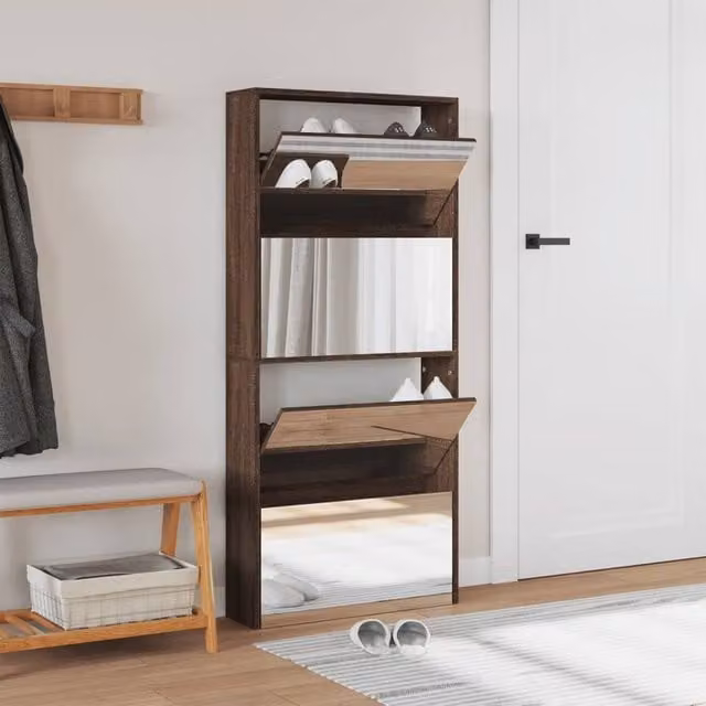 Berkfield Home Modern Shoe Cabinet with Mirror in Brown Oak, W/D/H: 63 x 17 x 134 cm