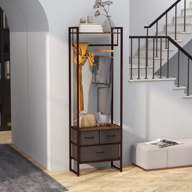 HOMCOM Free Standing Clothes Rail with 3 Storage Drawers and Open Shelves in Rustic Brown