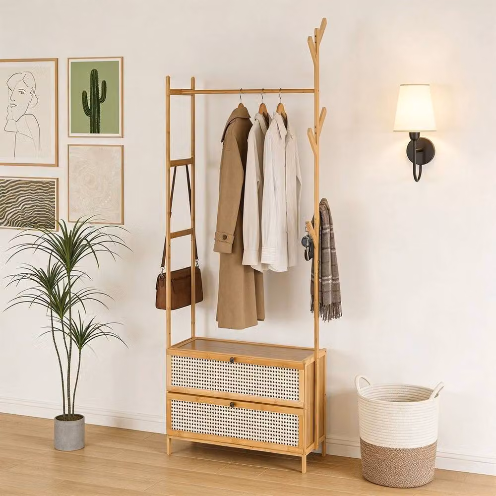 KORVIXA 2 in 1 Wooden Clothes Rail and Garment Rack in Brown, Width: 90 cm – 2