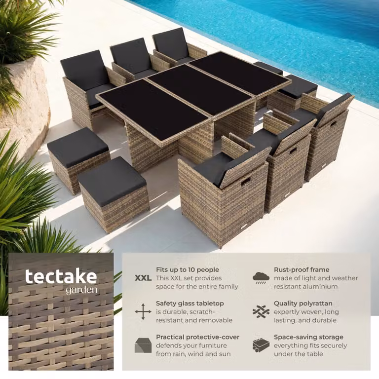 tectake New York Garden Table and Chairs Set in Natural Rattan with Grey, Beige and Brown Accents