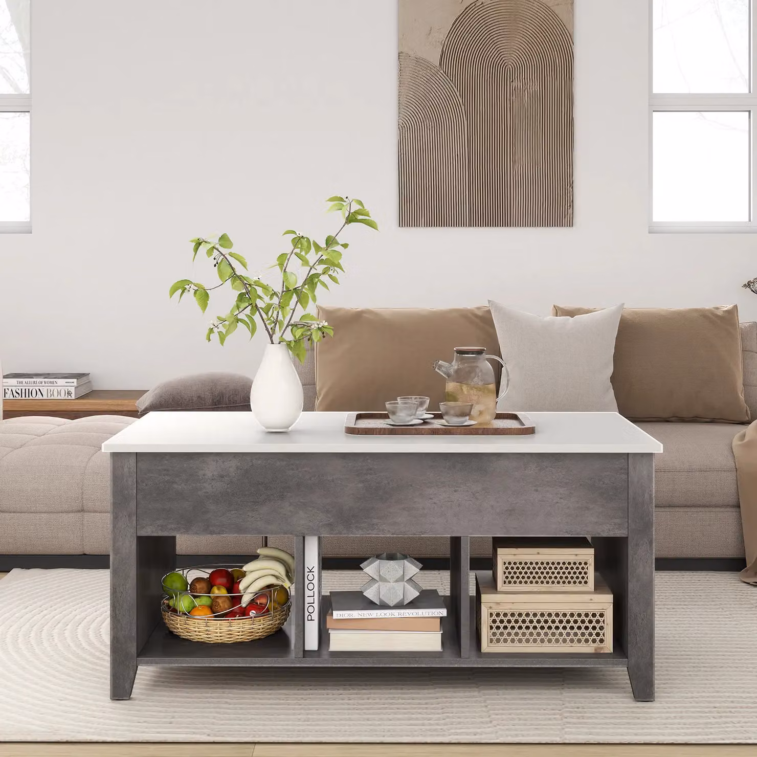 Gymax Grey Lift Top Coffee Table with Rising Mechanism – 4