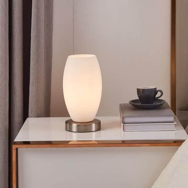 Eglo Batista 3 Table Lamp in Silver and Beige with Glass Shade and E27 Socket