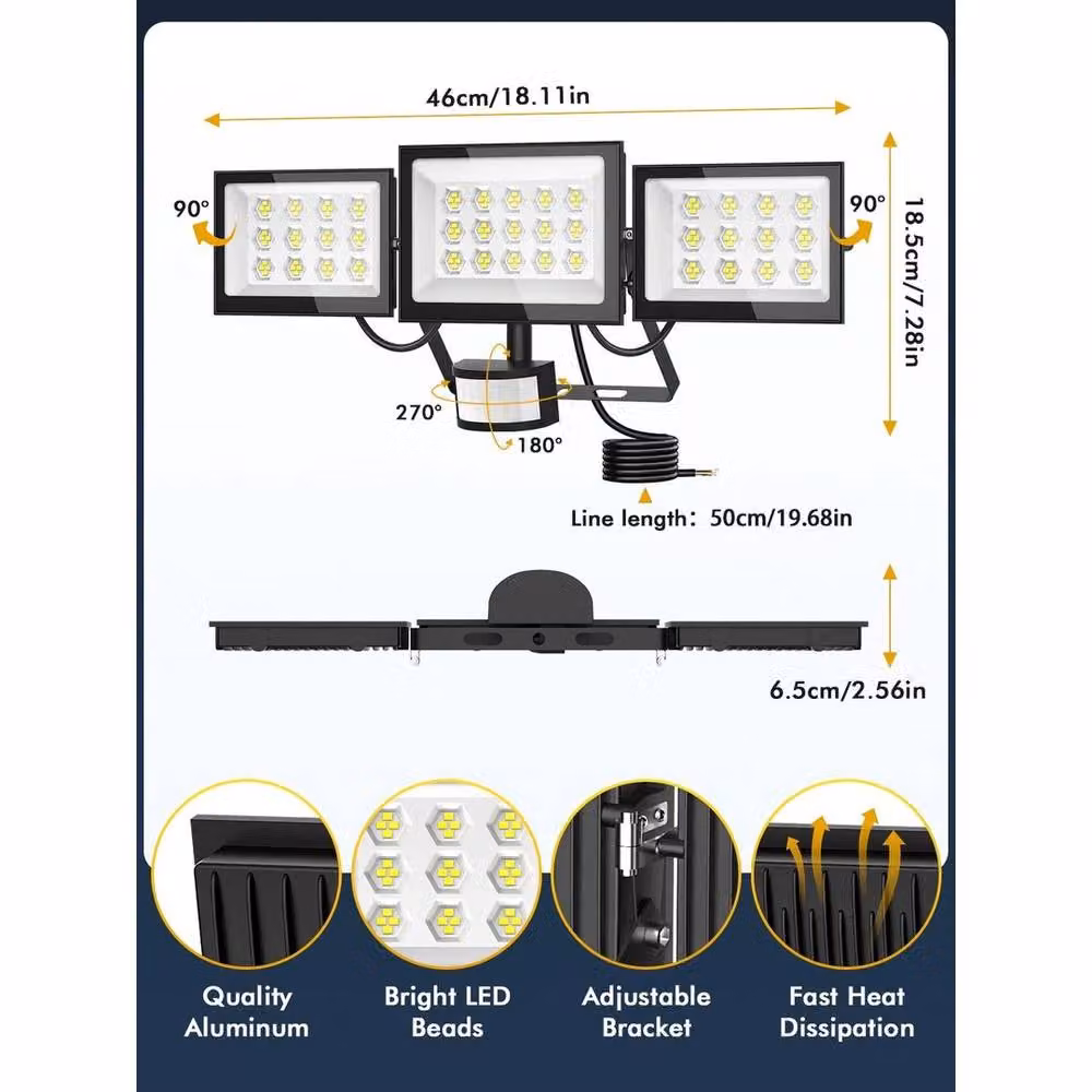 KORVIXA 150W 3 Head LED Security Floodlight with PIR Motion Sensor and Remote Control, Black – 2
