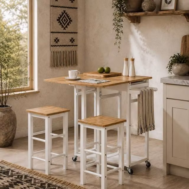 Wyld Haus Bamboo Drop Leaf Kitchen Island Set with 2 Stools, Drawers and Towel Rack, White, H 86.0 x W 75.5 x D 83.5 cm