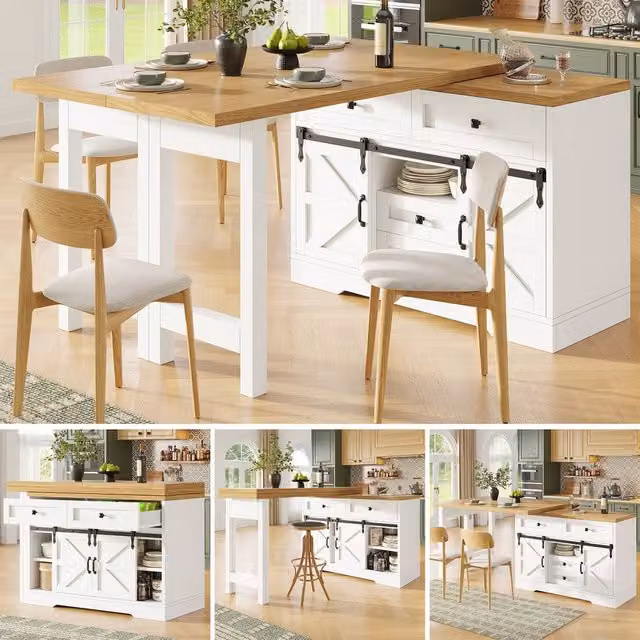 Matteo Extendable Kitchen Sideboard and Dining Table Combo in White and Oak