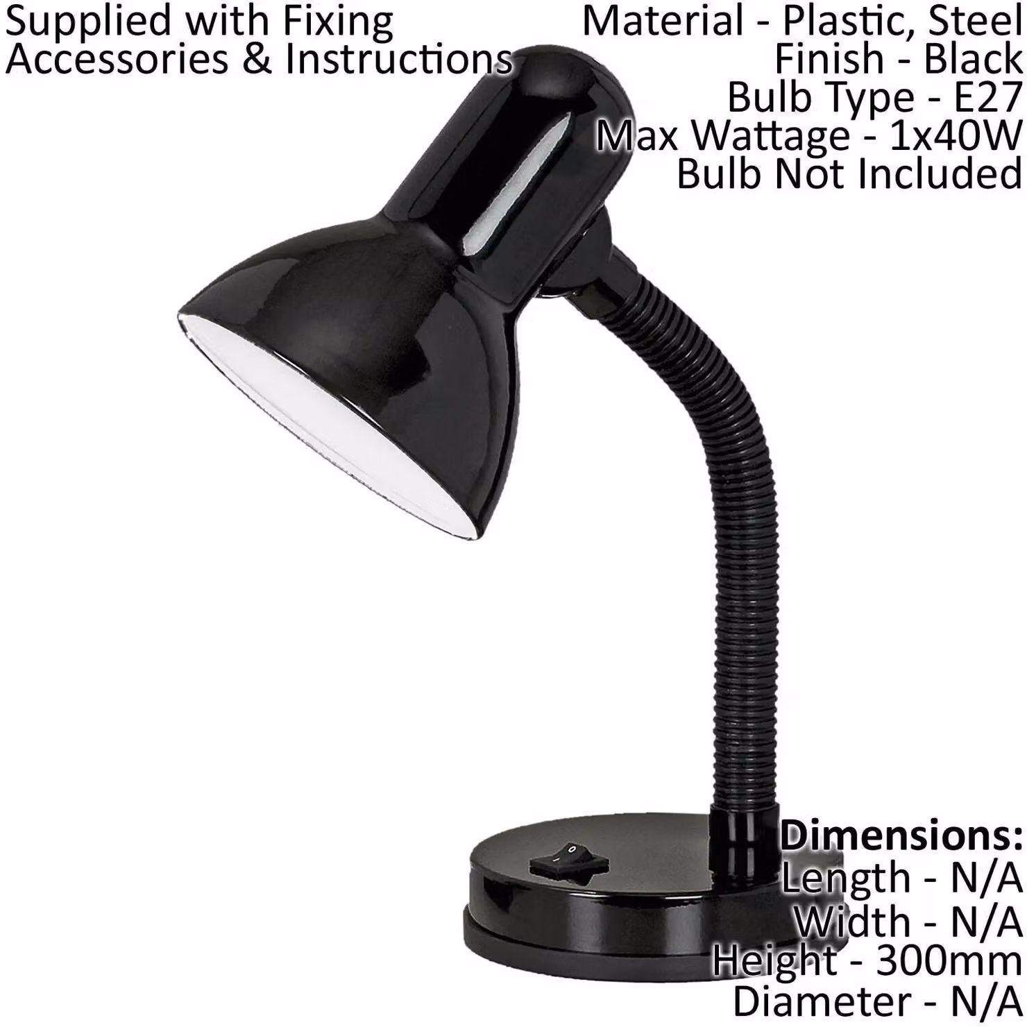 Loops 2 Pack Black Steel Adjustable Table Lamps with Rocker Switch and E27 Socket – 2