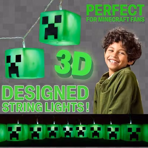 HALANTEX Minecraft Creeper LED String Lights in Green, Battery Operated 3D Cube Fairy Lights – 3