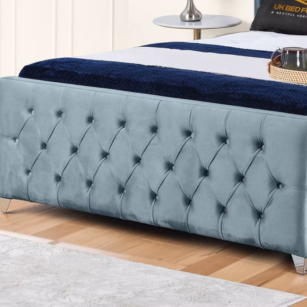UK Bed Furniture Windsor Wingback Upholstered Velvet Bed in Blue, Size: 180 x 200 cm – 3