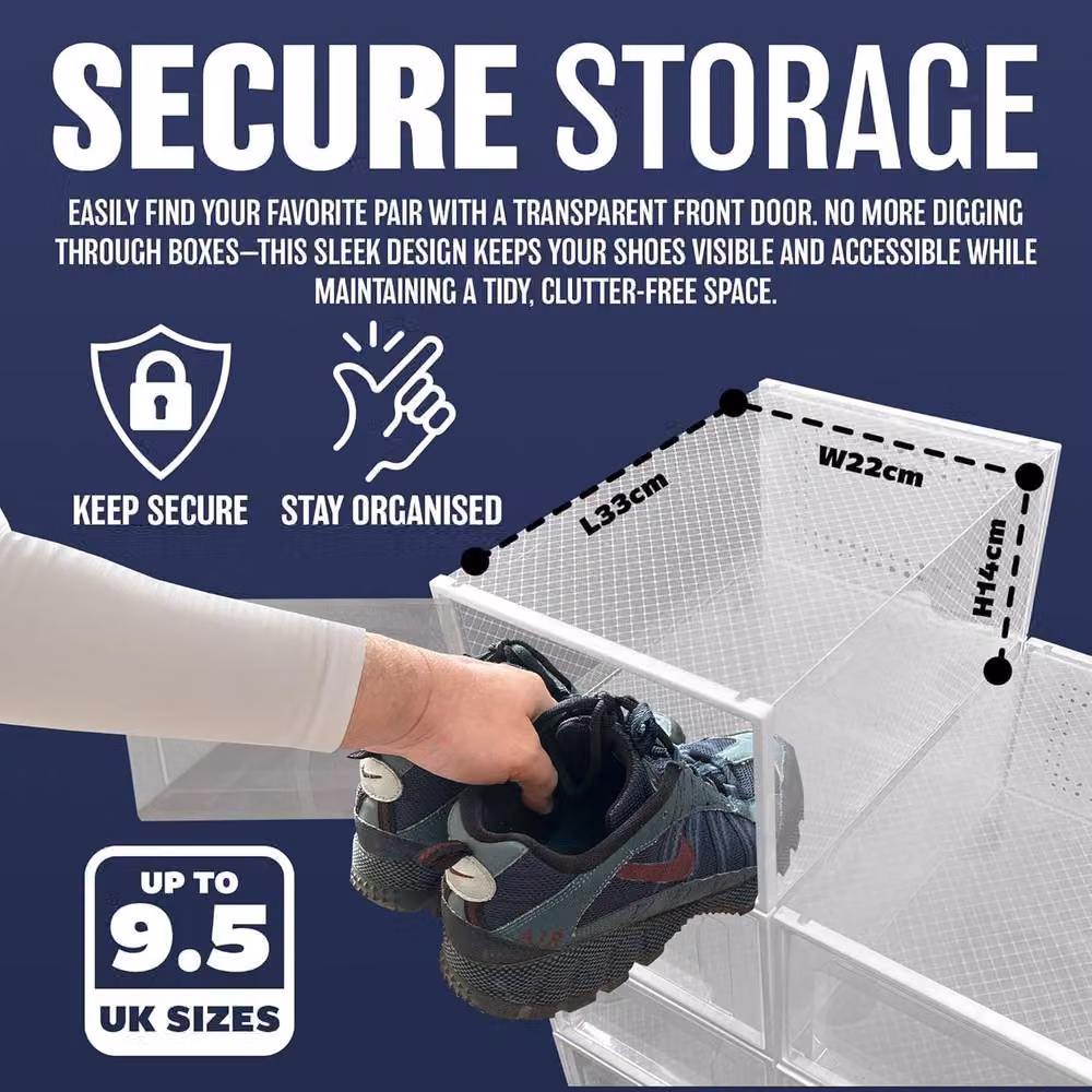BARGAINS-GALORE 12-Piece Stackable and Foldable Clear Plastic Large Shoe Organiser Boxes – 5