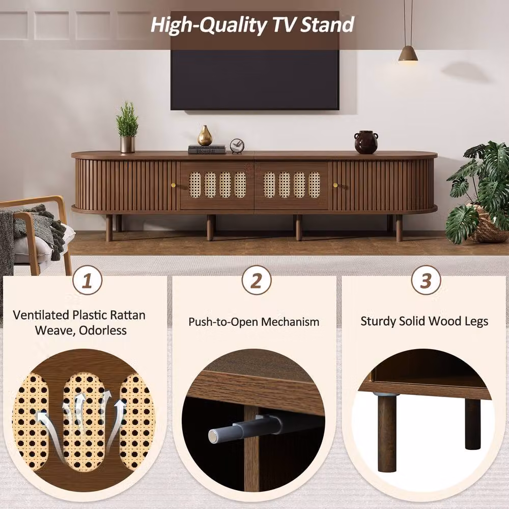 Matteo Walnut Oval TV Stand with Rattan-Effect Doors and 2 Drawers in Brown – 4