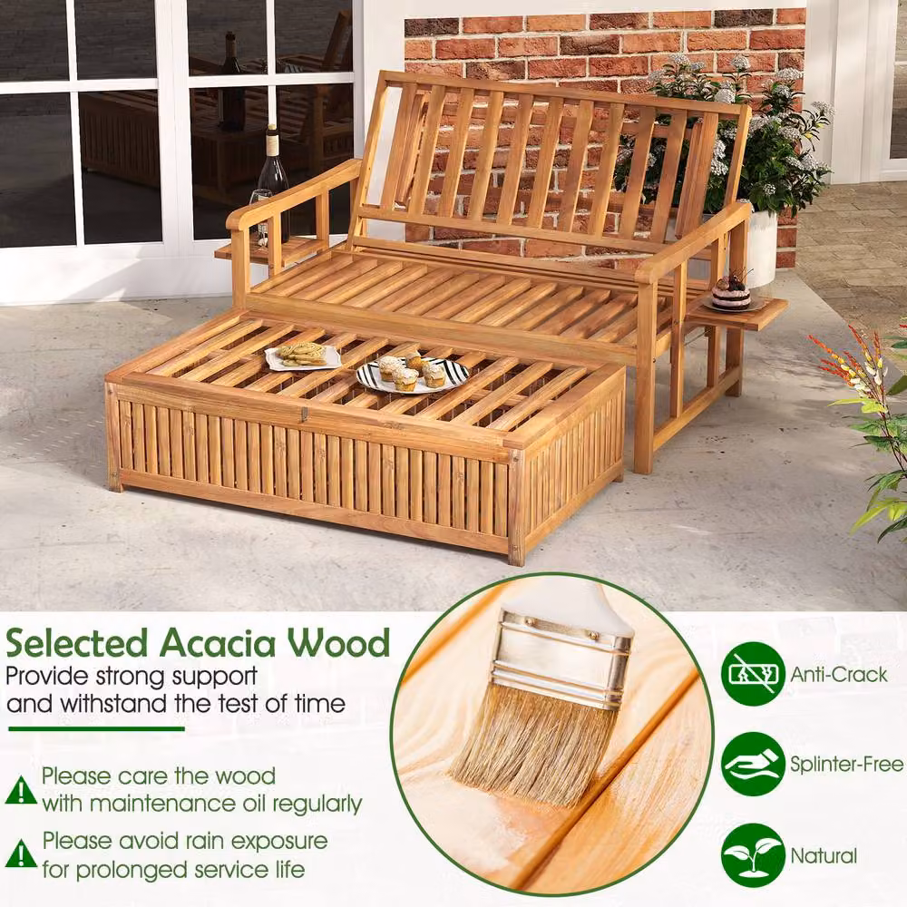 Gymax Acacia Wood Daybed Loveseat Recliner with Storage Ottoman in Beige – 4