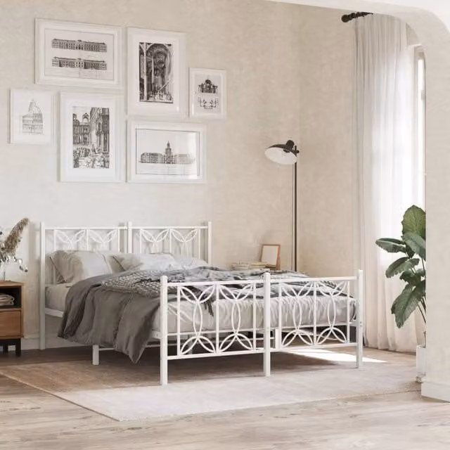 Berkfield Home Metal Bed Frame with Footboard, White, W/D/H: 140 x 200 cm