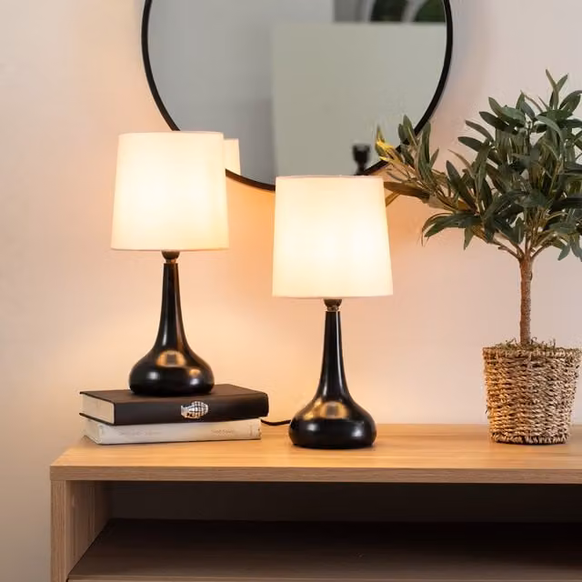 ValueLights Teardrop Pair of Black Touch Table Lamps with Fabric Shades and Bulbs Included