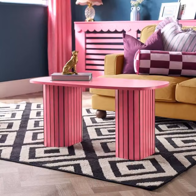 OHS Madison Ribbed Oval Coffee Table and Side Table in Bright Pink – 1