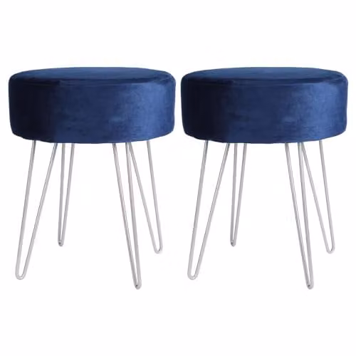 Harbour Housewares Pack of 2 Round Velvet Footstools in Blue with Silver Legs, H41 x D35 cm