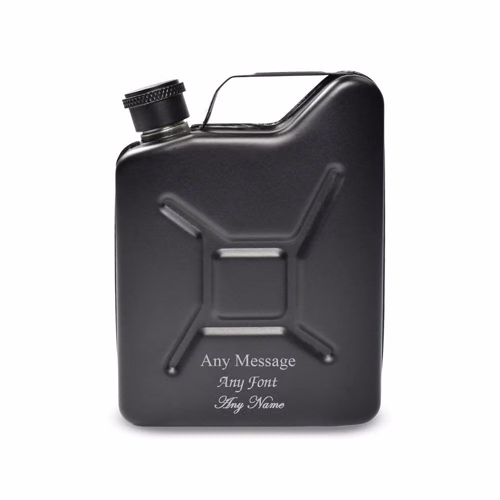 Uniqueful Personalised Engraved Black Jerry Can Hip Flask Stainless Steel Tumbler, 125 ml