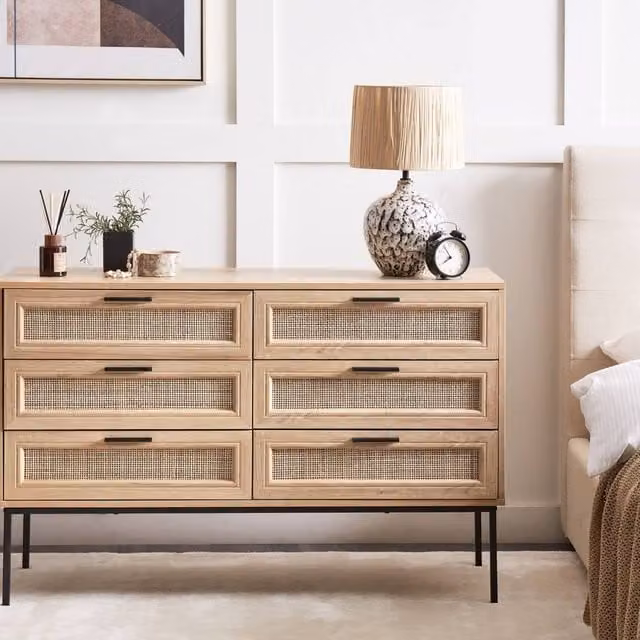 Wyld and Coco Rattan Six-Drawer Chest with Black Metal Frame in Brown and Light Wood