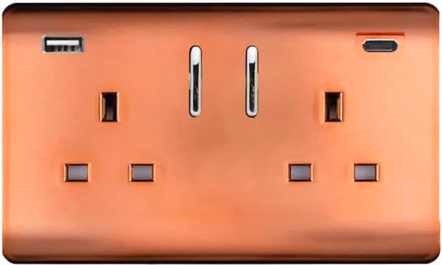 Trendi 2 Gang 13 Amp USB Switched Plug Socket with Type A and C Ports, Copper – 1