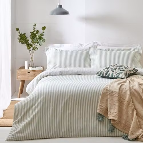 Yard Hebden Reversible Striped 100% Cotton Duvet Cover and Pillowcase Set, Green, W: 140 cm, L: 200 cm