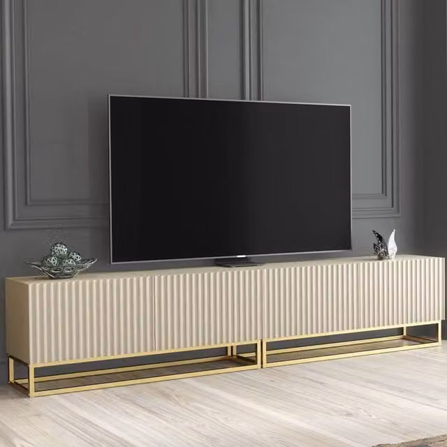 Mex Furniture LTD Ripple Duo TV Unit in Cashmere Warm Beige Taupe with Gold Finish, W: 200 cm, D: 45 cm, H: 35 cm – 1
