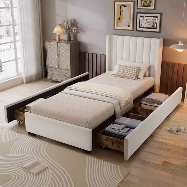 BTM Modern Upholstered Velvet Storage Bed Frame with 4 Drawers in Beige, W/D/H: 140 x 200 x 118.5 cm