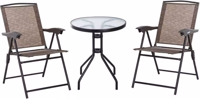 ERGOVEXA 3 Piece Brown Outdoor Bistro Set with Round Glass Top and Powder Coated Steel Frame