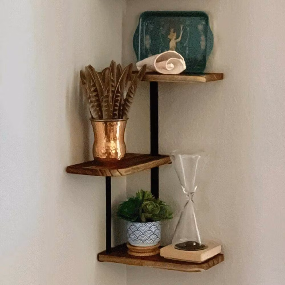 Havendro 3-Tier Vintage Corner Wall Floating Shelf in Brown and Black Metal and Pine Wood – 3