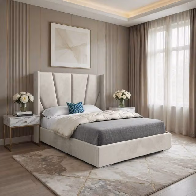 KDMD Godmanchester Super King Wide Curved Designer Bed Frame in Beige Soft Velvet