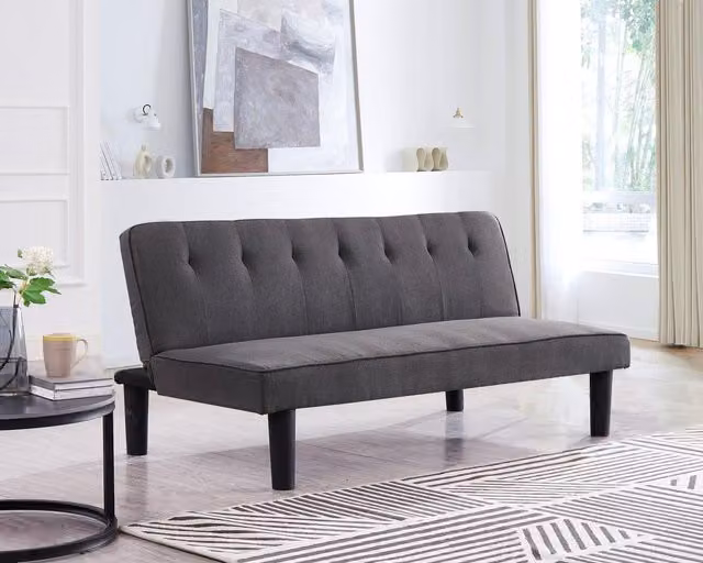 Home Detail Layla Grey Fabric Sofa Bed with Tufted Detail and Black Legs, W/D/H: 140 x 190 x 165 cm