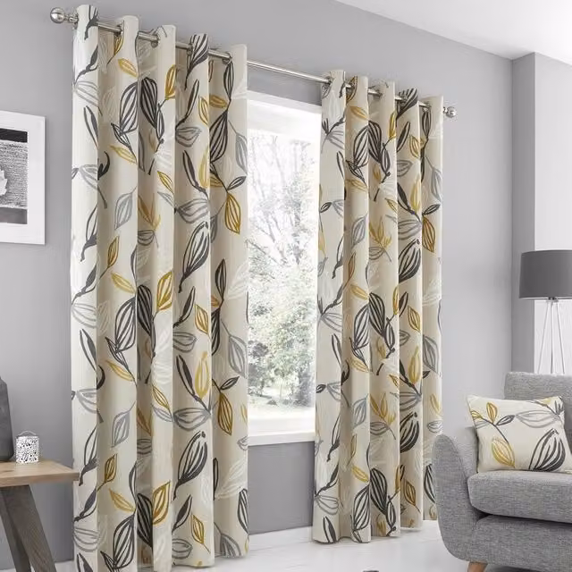 Fusion Ensley 100% Cotton Botanical Print Eyelet Curtains, Mustard, W: 229 cm, Drop: 183 cm