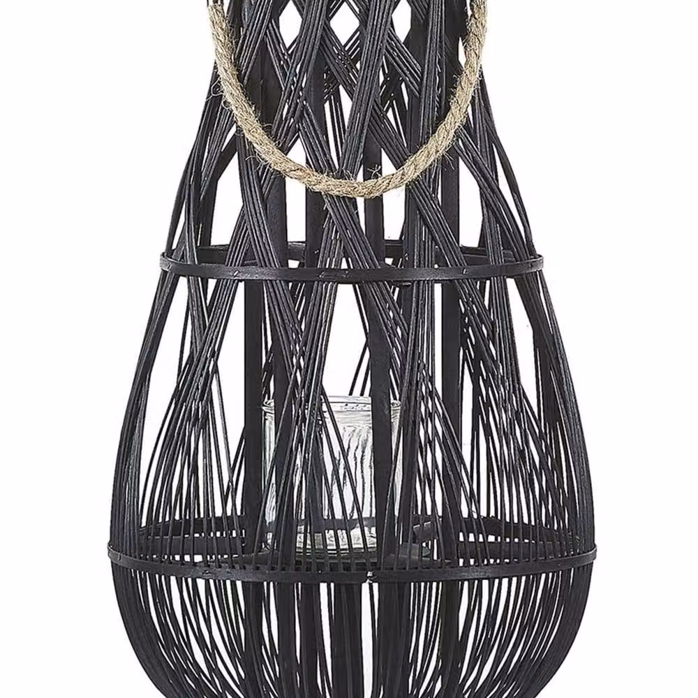 Wyld and Coco Black Bamboo and Glass Scandinavian Lantern, Height: 56 cm – 2