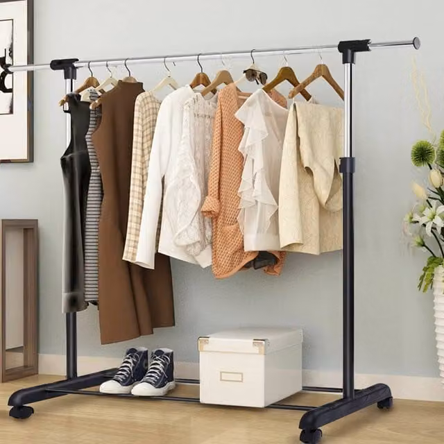 CASART Height-Adjustable Rolling Clothes Rack with Pull-out Rail in Matt Black Metal – 1