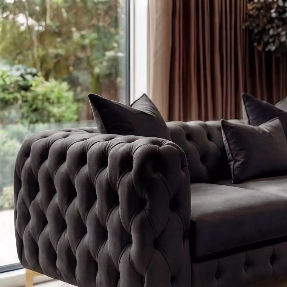 Sofaya Monaco 5 Seater Chesterfield Corner Sofa in Black Velvet with Left Facing Chaise, W: 220 cm, D: 70 cm – 5